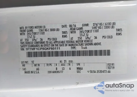 2016 Ford F-150 Xl из США, поврежденный, VIN 1FTMF1CP5GKF60111